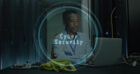 Poster - Image of eye icon over african american male server room worker