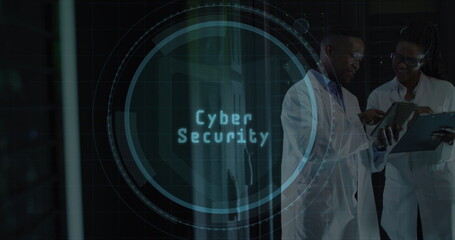 Poster - Image of magnificent glass over african american couple server room workers