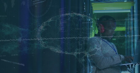 Poster - Image of human beain and data processing over african american male server room worker