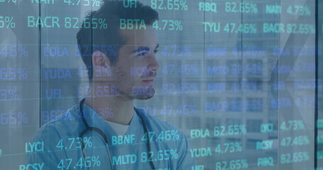 Poster - Image of data processing over male doctor with stethoscope