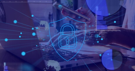 Poster - Image of digital icon and data processing over woman using smartphone and laptop
