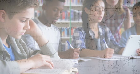 Poster - Image of mathematical equations over school children using tablet in classroom