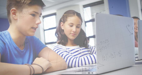 Poster - Image of mathematical equations over school children using laptop in classroom