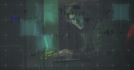 Poster - Image of data over asian male hacker in hoodie using laptop by computer server