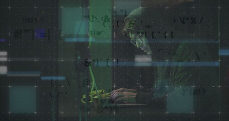 Poster - Image of data over asian male hacker in hoodie using laptop by computer server