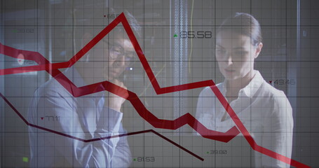 Poster - Image of red lines over diverse male and female it engineers with laptop by computer server