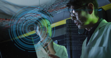 Poster - Image of data over diverse male and female it engineers with laptop by computer server