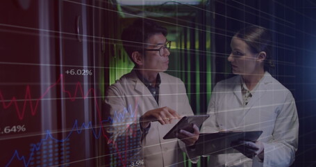 Poster - Image of data over diverse male and female it engineers with tablet by computer server