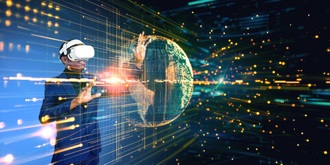 Poster - Black man in vr glasses, earth sphere hologram. Ai generative illustration