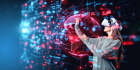 Poster - Smiling woman in vr glasses, earth sphere hologram. Ai generative illustration
