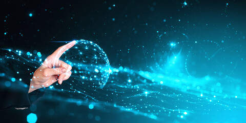 Poster - Woman finger touch earth sphere, virtual world. Ai generative illustration