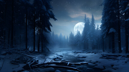 Wall Mural - Mystical Snowy Forest with Moon Lights Illuminating the Sky