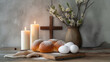 A table is festively set with typical Easter decorations and fresh flowers, spreading a happy atmosphere.