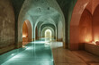 The transitional space of a Turkish hammam, capturing the passage from the warm to the refreshing cool area, featuring characteristic archways and a s
