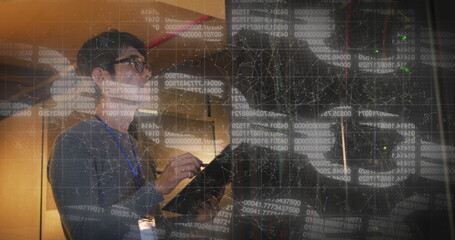 Poster - Image of online chain over asian male it engineer with tablet by computer server