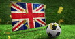 Image of falling gold confetti over uk flag and football ball