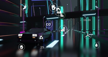 Poster - Image of digital interface with icons over car driving