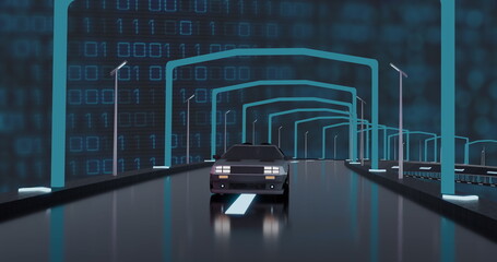 Image of digital interface with binary coding over car driving