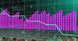 Image of pink and blue graphs processing data on grid over cityscape