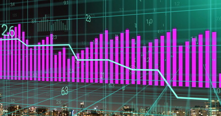 Poster - Image of pink and blue graphs processing data on grid over cityscape