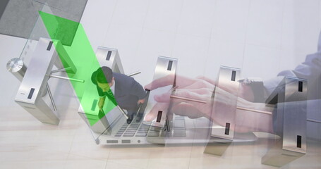 Poster - Image of hands using laptop with green screen over businessman passing through station turnstile