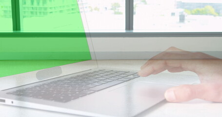 Poster - Image of hands using laptop with green screen over sped up commuters walking in modern building