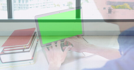 Poster - Image of hands using laptop with green screen over colleagues walking in modern building