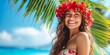 Portrait of a beautiful stylish woman with hawaiian costume. Summer fashionable trend style, Cheerful and happy young model having fun