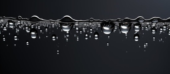 Sticker - A striking black and white photo captures water drops on a black surface under the midnight sky, creating a stunning contrast with the city lights on the horizon. Captured with flash photography