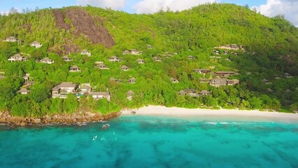 Sticker - Mahe Beach, Seychelles. Aerial view of tropical coastline on a sunny day