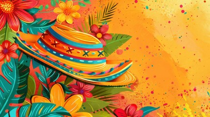 vibrant cinco de mayo background with colorful sombreros and tropical flowers on an orange backdrop.