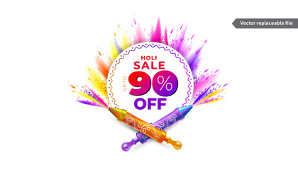 Wall Mural - Colorful holi festival template design for advertisement and sales promotion logo with 90% off text.