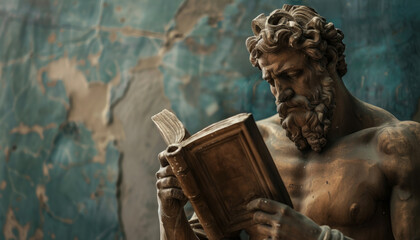 Wall Mural - A statue of a philosopher and thinker with a book against the backdrop of an ancient building.