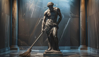 Wall Mural - An ancient sculpture with a broom in his hands in the museum. Monument to a street cleaner.