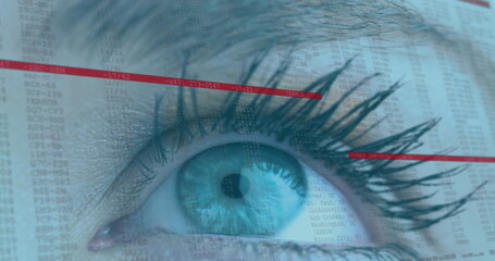 Poster - Image of woman's blue eye and scrolling digital information with red lines