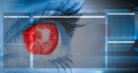 Poster - Image of woman's red eye with interface and fast scrolling digital information