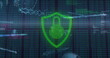 Image of interface with moving digital data and red and green flashing padlock alert