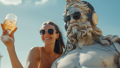 Wall Mural - A modern sculpture of a Greek man in sunglasses and headphones is photographed with a girl on the sea beach.