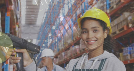 Poster - Image of data processing over people working in warehouse
