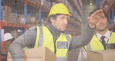 Poster - Image of data processing over people working in warehouse