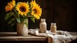 Rustic sunflower still life with sunflower oil, seeds, and burlap napkins for sale