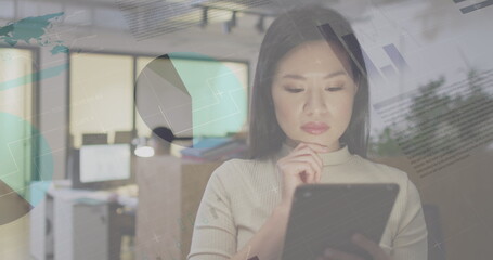 Poster - Image of data processing over biracial businesswoman working in office