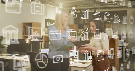 Poster - Image of icons and data processing over diverse business people working in office