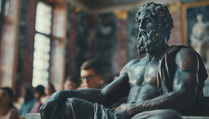Wall Mural - A sculpture of a Greek philosopher at a lecture in a university auditorium reading a book and listening to a lesson.