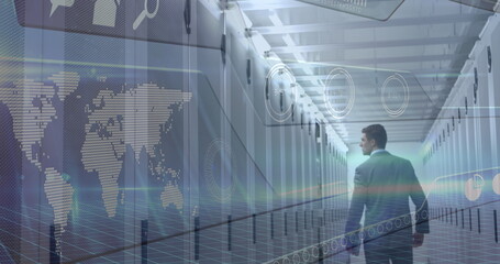 Aufkleber - image of a world map and technological icons over caucasian man working in server room