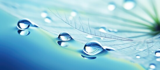 Poster - A macro shot of a dandelion with liquid droplets on its petals, creating an electric blue shimmer. The image captures the beauty of nature and the science of water adhesion