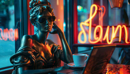 Wall Mural - Bronze sculpture, Business woman working in a night cafe on a laptop.