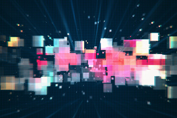 Poster - Abstract pixel explosion in vibrant colors on a dark grid background. Creative technology concept. 3D Rendering