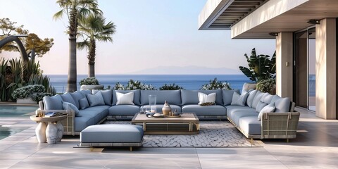 A contemporary outdoor patio space featuring a comfortable sectional couch, armchairs, decorative pillows, lush green grass