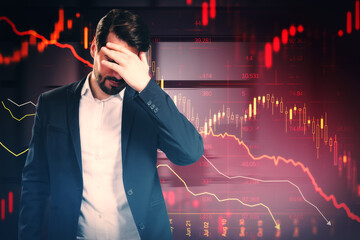 Aufkleber - Stressed young european man with abstract downward red forex chart on blurry background. Crisis, recession and economic fall concept. Double exposure.